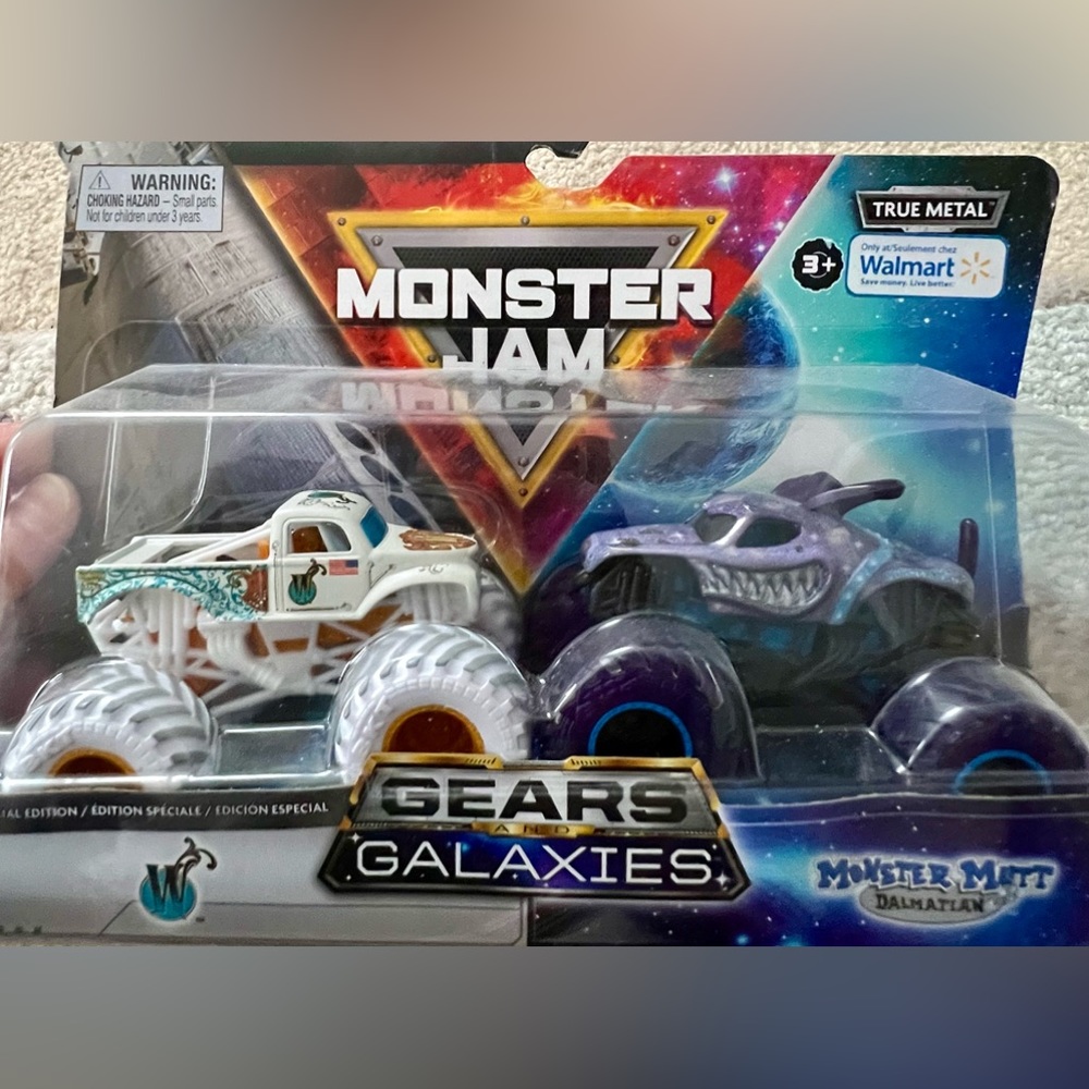 Monster Jam Gears and Galaxies Whiplash and Monster Mutt Dalmatian